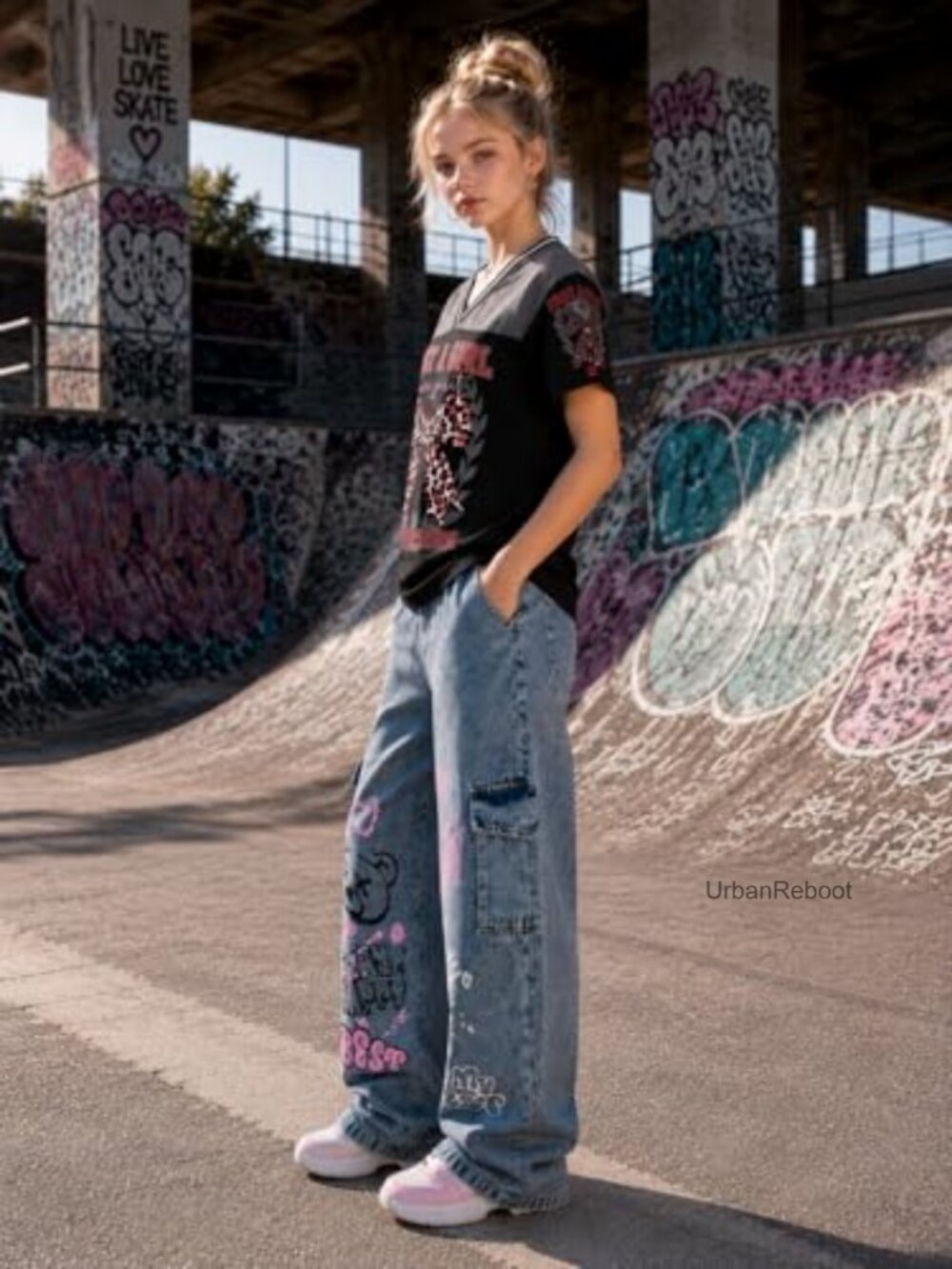Girls 2 Piece Outfit V Neck Graphic Tee and Wide Leg Denim Jeans Set - Picture 2 of 6